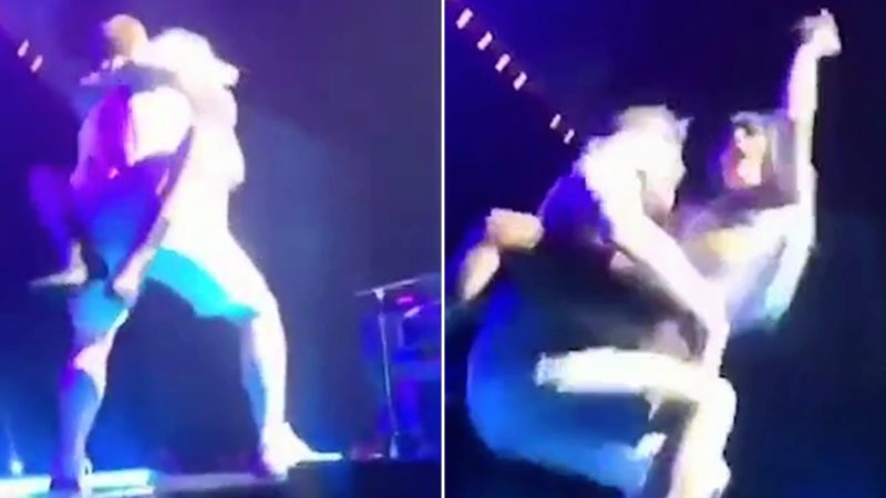 Lady Gaga Falls off the stage in a live concert in Las Vegas.